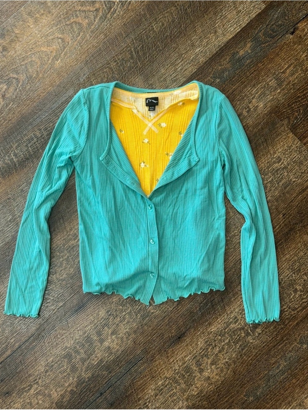 art class Teal Button-Front Ribbed Top with Yellow Inner Tank